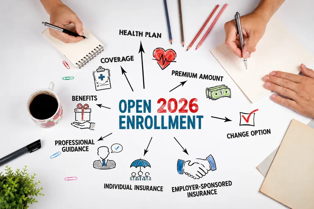 Open Enrollment infographic showing health plan, coverage, premium amount, benefits, and professional guidance